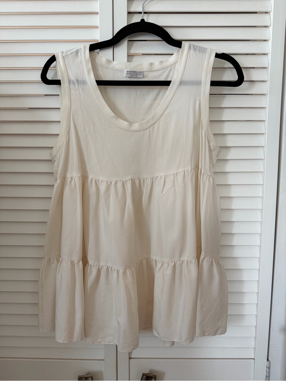 Brunello Cucinelli Silk Cream Tiered Sleeveless Tank
